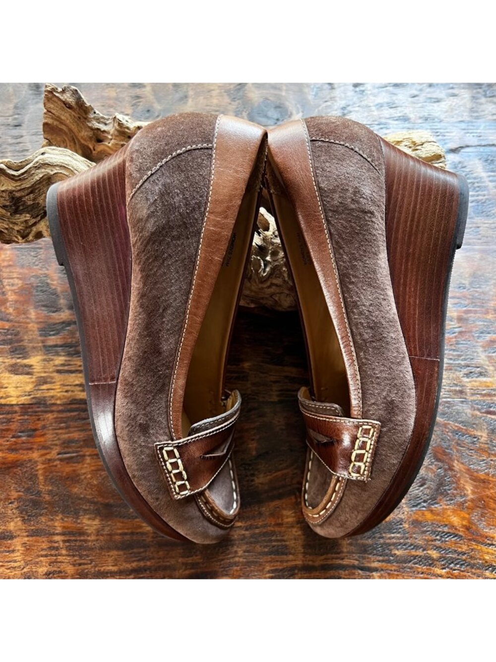 L.L. Bean Womens Brown Suede & Leather Wedge Loafers Size 7.5 M Made In Brazil